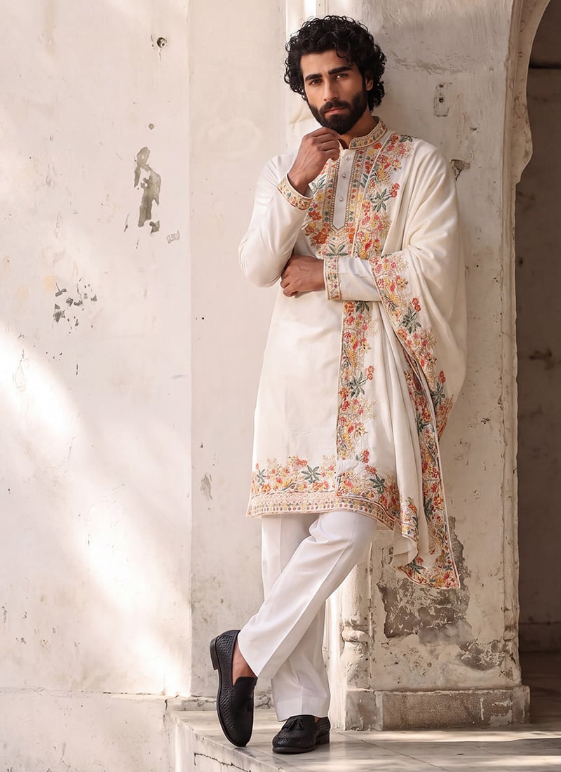 White Silk Embroidered Kurta Pyjama For Men Festive Wear