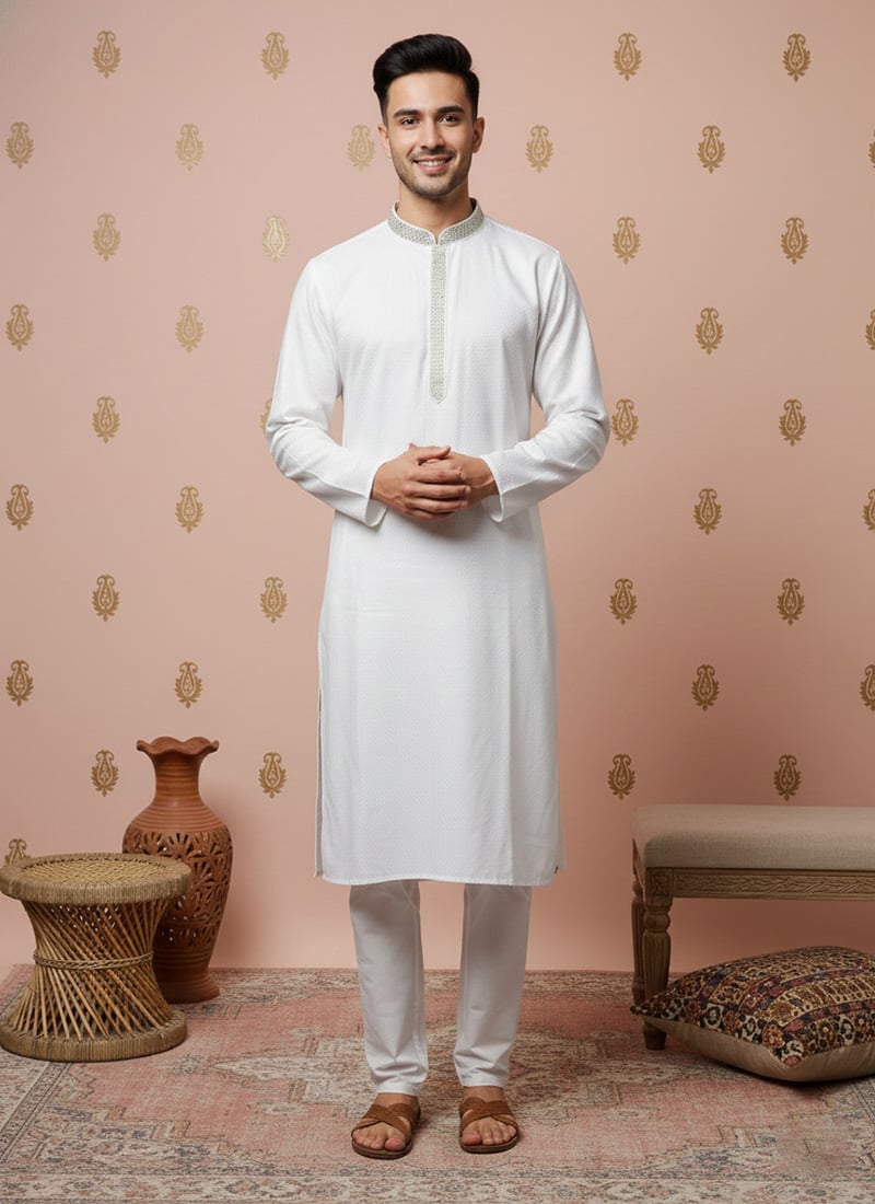 White Silk Embroidered Kurta Pyjama Festive Wear