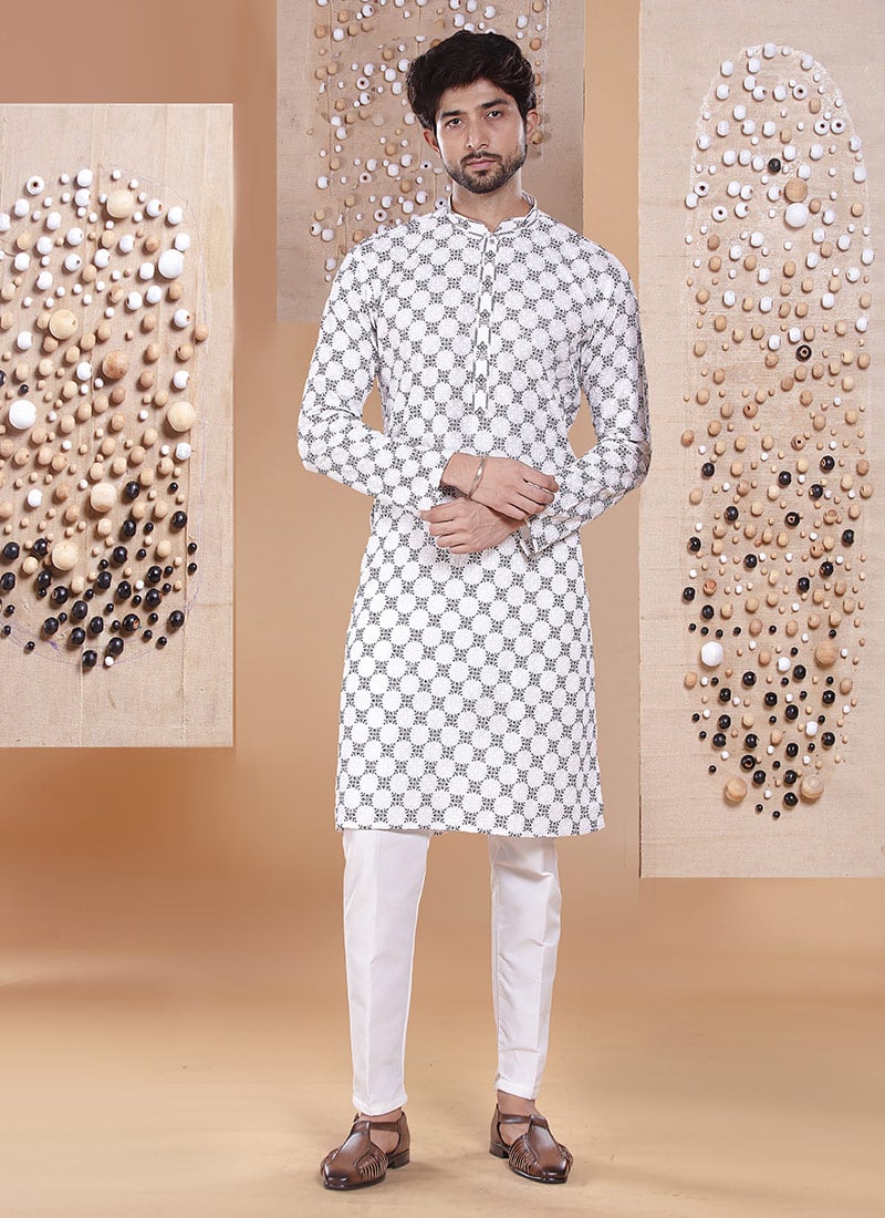 White Silk Embroidered Kurta Pyjama Festive Wear