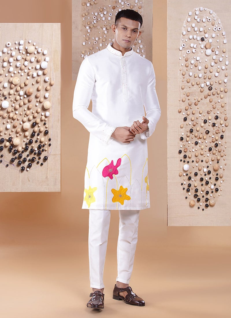 White Silk Embroidered Kurta Pyjama Festive Wear