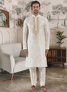 White Silk Embroidered Kurta Pyjama