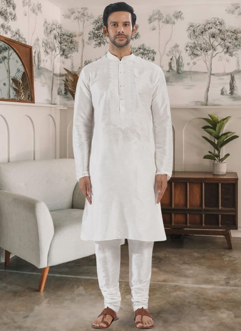 White Silk Embroidered Kurta Pyjama Festive Wear