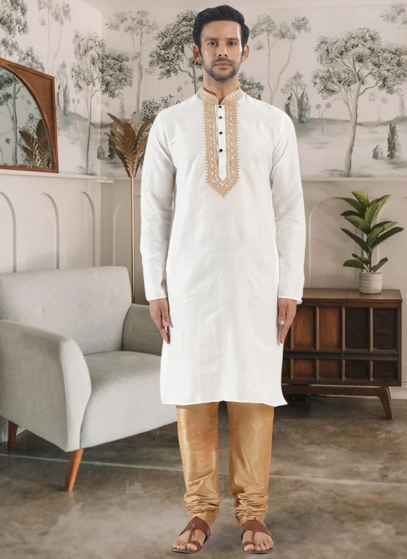 White Silk Embroidered Kurta Pyjama Festive Wear