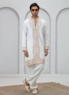 White Silk Embroidered Kurta Pyjama