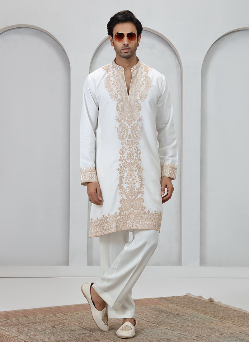 White Silk Embroidered Kurta Pyjama Festive Wear