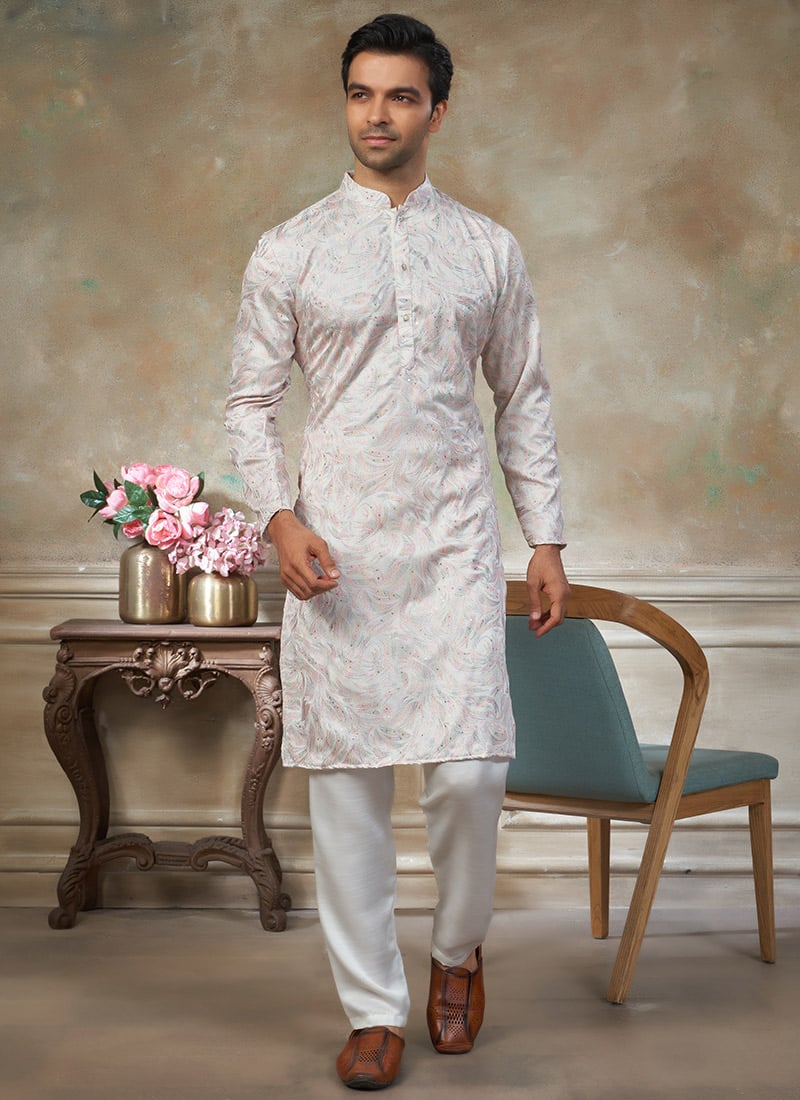 White Silk Embroidered Kurta Pyjama Festive Wear