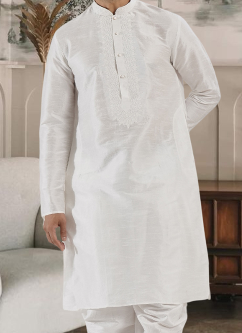 Kurta Pyjama Uomo Royal Men's Bianco 100% Cotone, Ricamo Al Collo, Chinese Collar, Vestibilità Regolare
