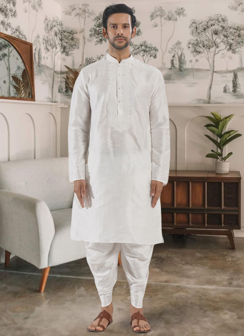 White Silk Embroidered Kurta With Dhoti Style Pyjama  Festive Wear