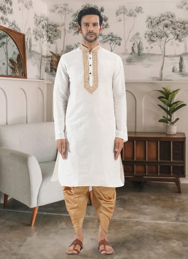White Silk Embroidered Kurta With Dhoti Style Pyjama