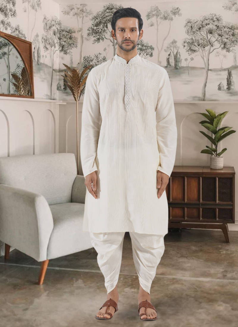 White Silk Embroidered Kurta With Dhoti Style Pyjama