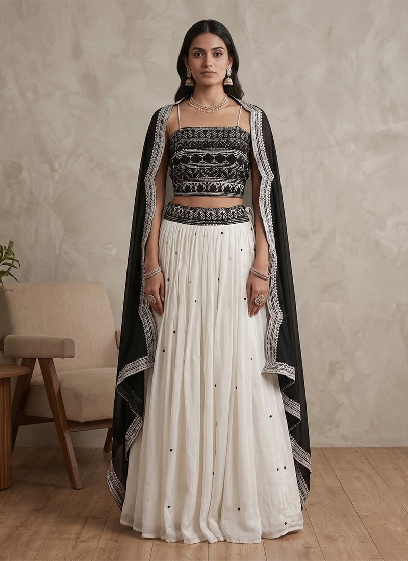 White Silk Embroidered Lehenga Festive Wear