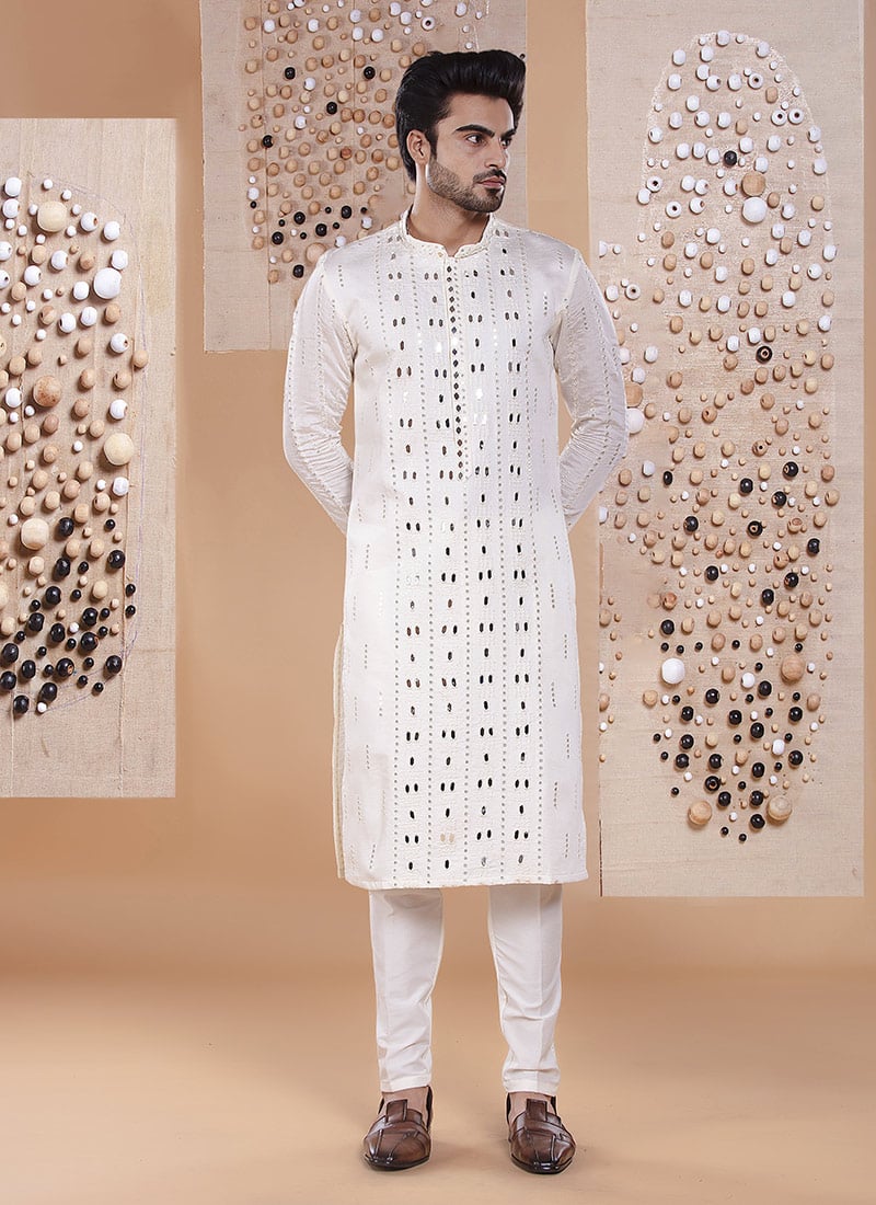 White Silk Embroidered Mirror Work Kurta Pyjama