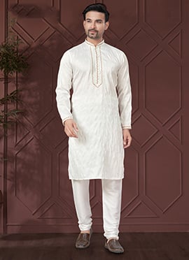 White Silk Embroidered Sequin Mens Kurta Pyjama Set