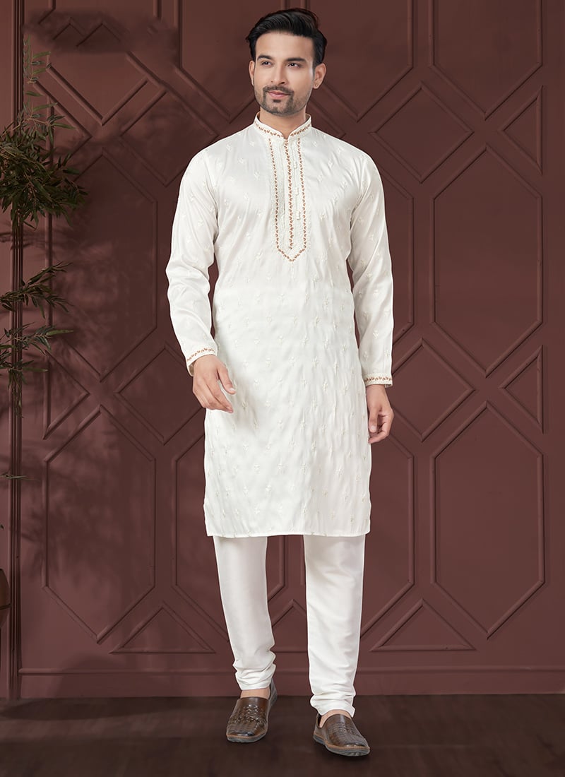 White Silk Embroidered Sequin Mens Kurta Pyjama Set Festive Wear