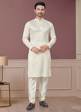 White Silk Embroidered Sequin Mens Kurta Pyjama Set