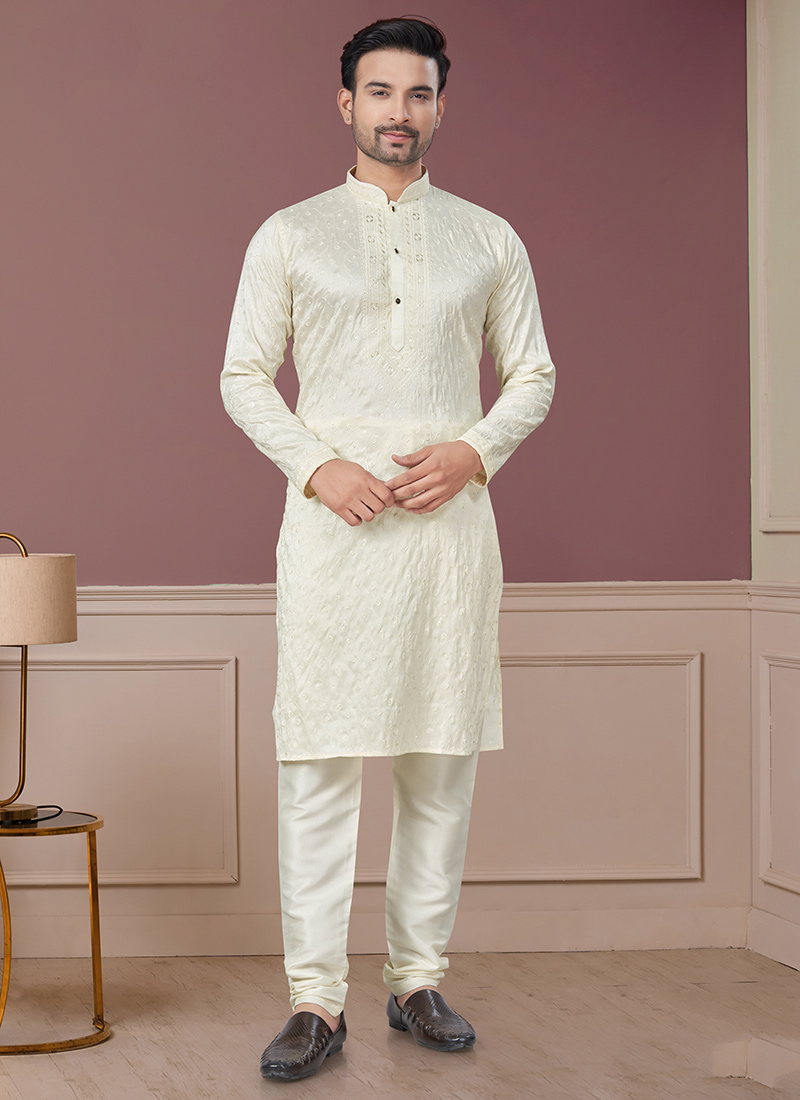 White Silk Embroidered Sequin Mens Kurta Pyjama Set Festive Wear