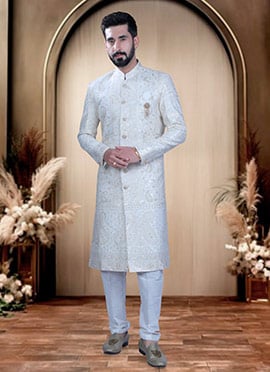 White Silk Embroidered Sequins Indowestern Sherwani  For Men