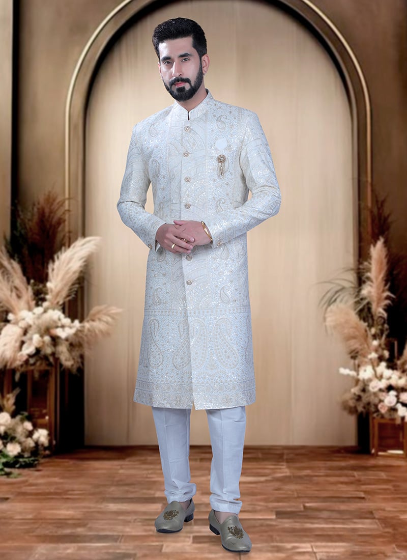 White Silk Embroidered Sequins Indowestern Sherwani  For Men  Wedding Wear