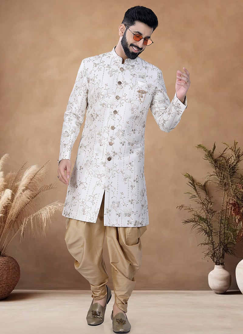 White Silk Embroidered Sequins Indowestern Sherwani Wedding Wear