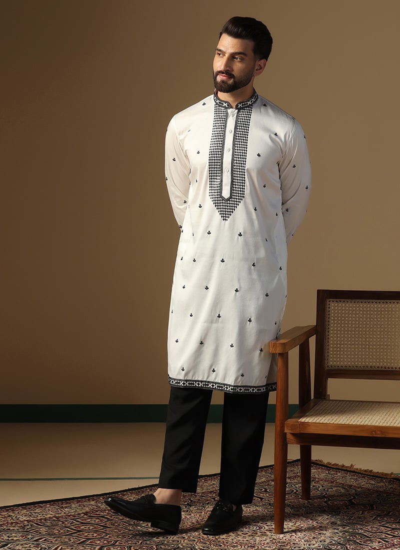 White Silk Embroidered Sequins Kurta Pyjama For Men