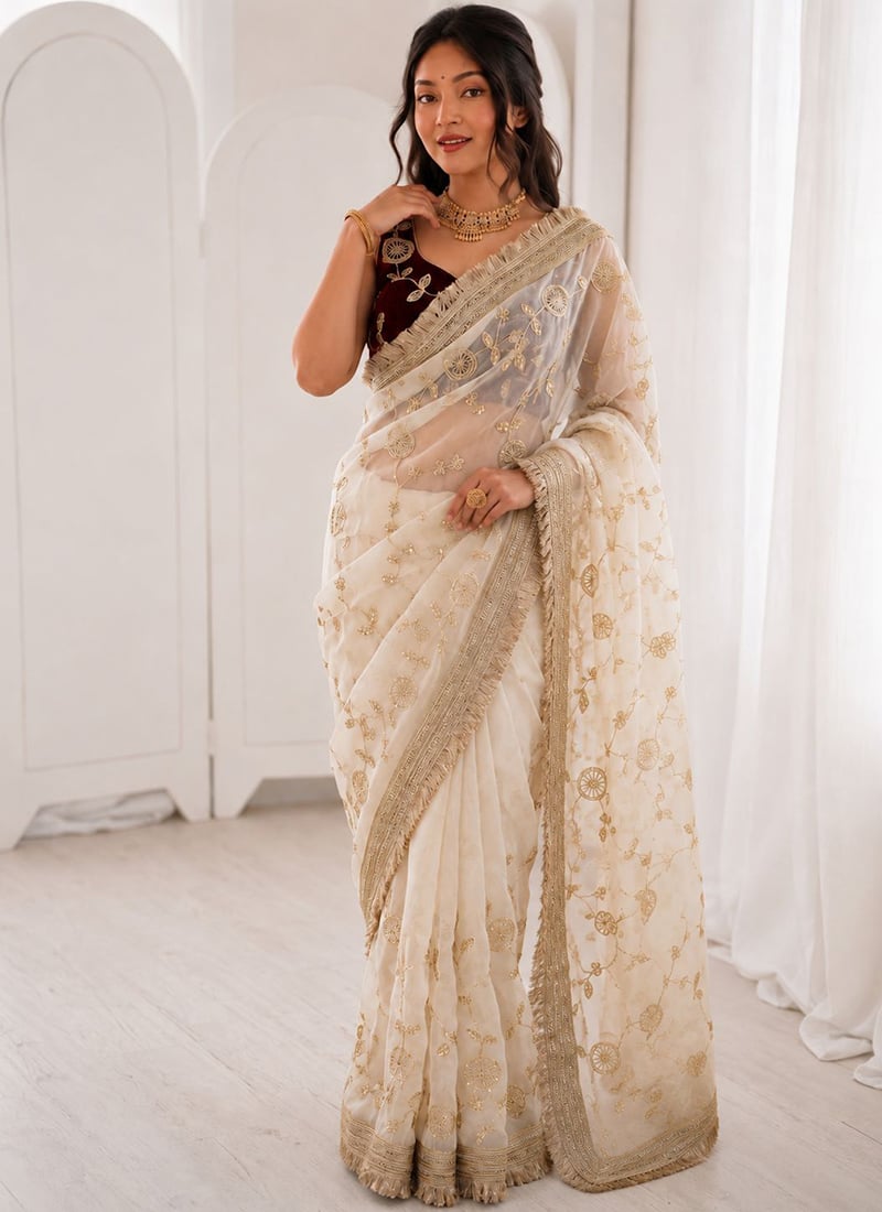 White Silk Embroidered Sequins Saree Festive Wear