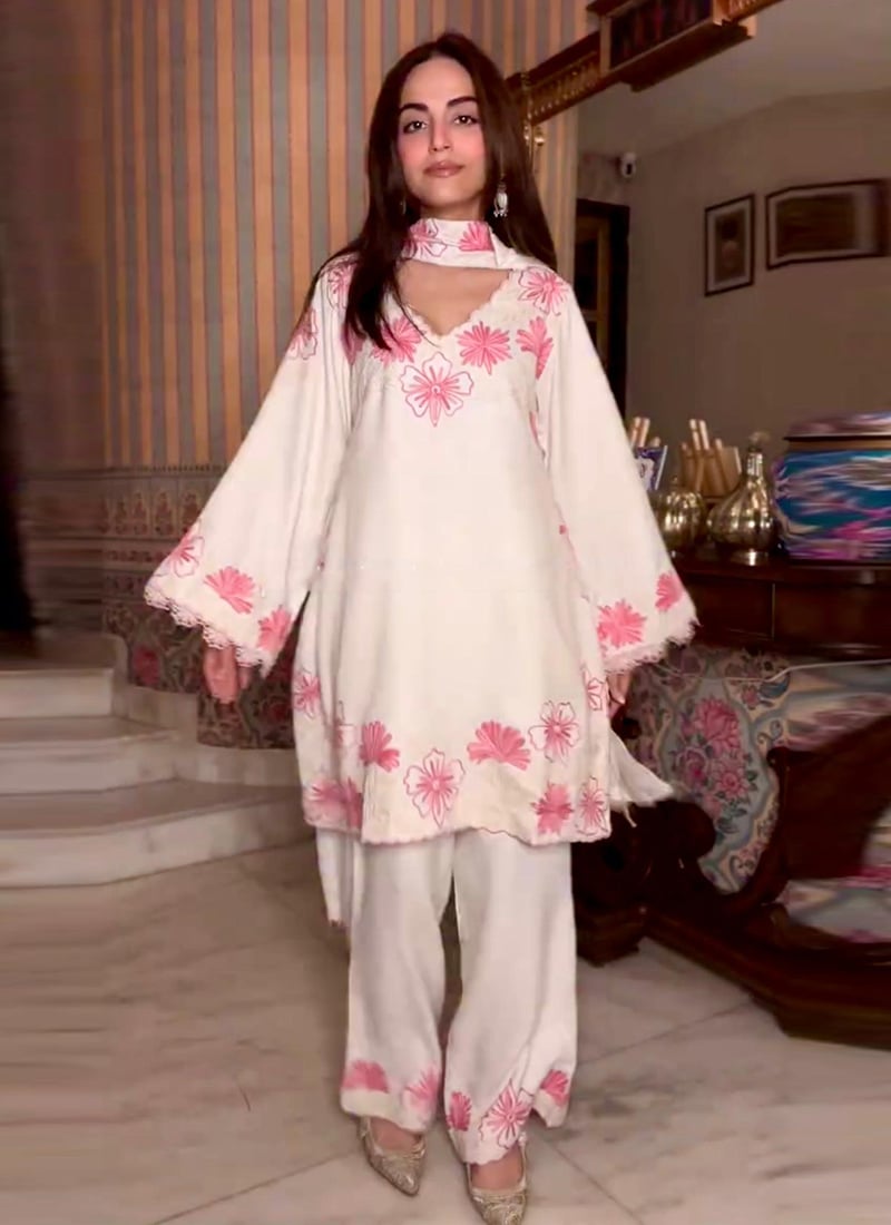 White Silk Embroidered Sequins Straight Pant Suit Festive Wear