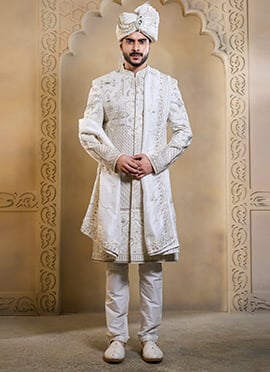 White Silk Embroidered Sequins Thread Cutdana Hand Embroidered Indowestern Sherwani