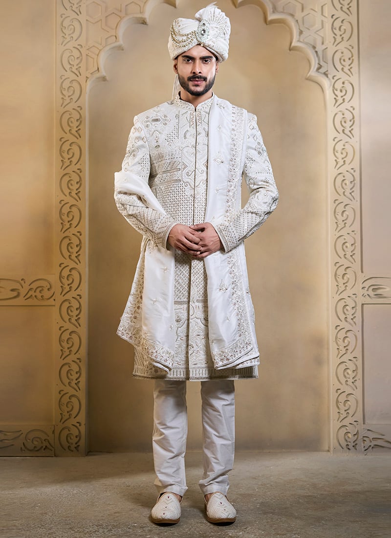 White Silk Embroidered Sequins Thread Cutdana Hand Embroidered Indowestern Sherwani Wedding Wear