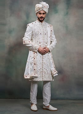 White Silk Embroidered Sequins Thread Cutdana Hand Embroidered Indowestern Sherwani