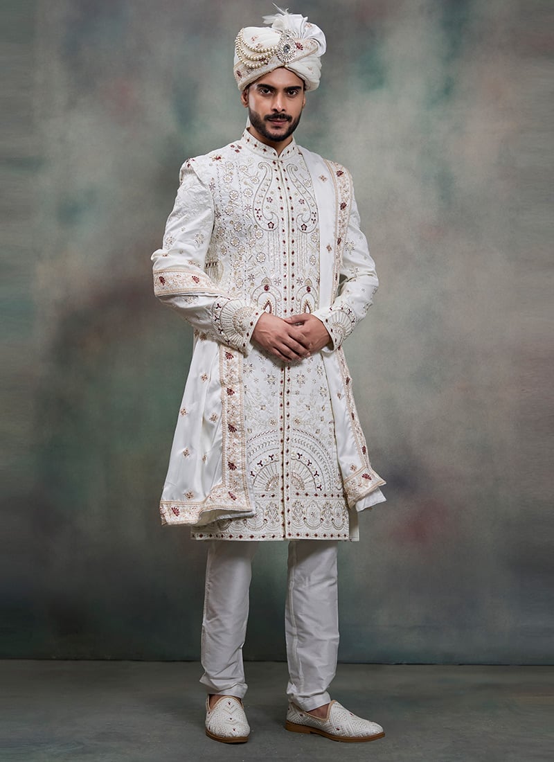 White Silk Embroidered Sequins Thread Cutdana Hand Embroidered Indowestern Sherwani Wedding Wear