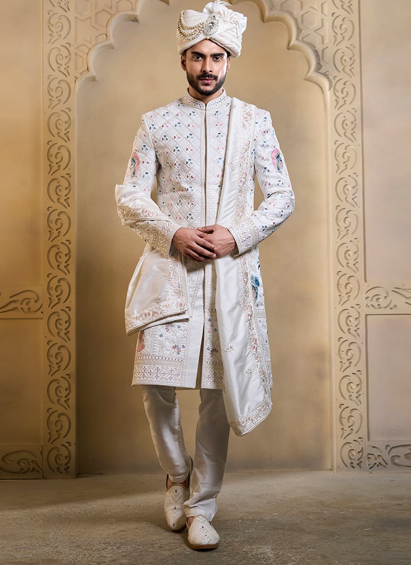 White Silk Embroidered Sequins Thread Indowestern Sherwani Wedding Wear