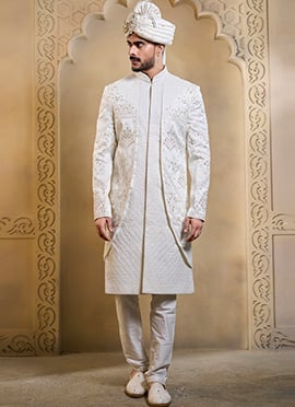 White Silk Embroidered Sequins Zari Beads Thread Cutdana Hand Embroidered Indowestern Sherwani