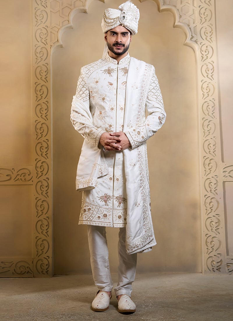 White Silk Embroidered Sequins Zari Beads Thread Cutdana Hand Embroidered Indowestern Sherwani Wedding Wear