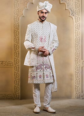 White Silk Embroidered Sequins Zari Thread Cutdana Hand Embroidered Indowestern Sherwani