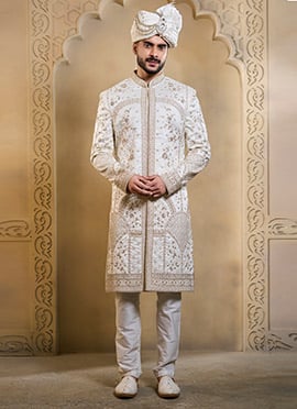 White Silk Embroidered Sequins Zari Thread Cutdana Hand Embroidered Indowestern Sherwani