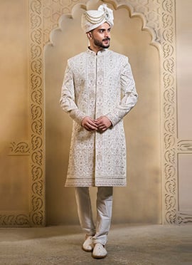 White Silk Embroidered Sequins Zari Thread Cutdana Hand Embroidered Indowestern Sherwani