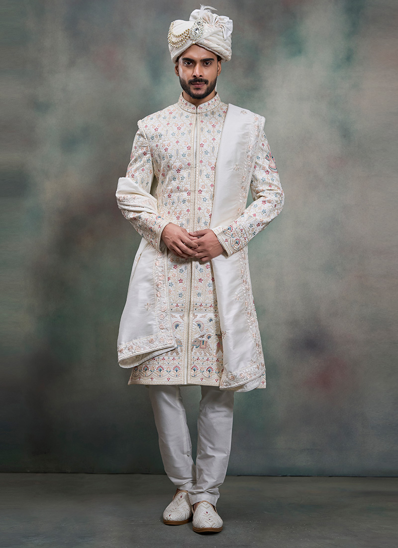 White Silk Embroidered Sequins Zari Thread Indowestern Sherwani Wedding Wear