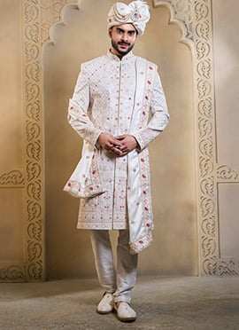 White Silk Embroidered Sequins Zari Thread Indowestern Sherwani