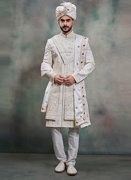 White Silk Embroidered Sequins Zari Thread Indowestern Sherwani