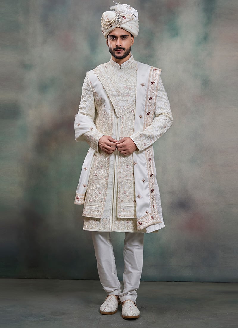 White Silk Embroidered Sequins Zari Thread Indowestern Sherwani Wedding Wear