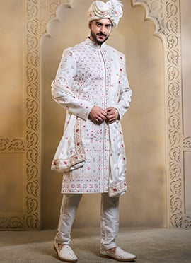 White Silk Embroidered Sequins Zari Thread Indowestern Sherwani