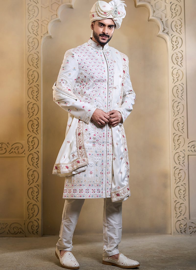 White Silk Embroidered Sequins Zari Thread Indowestern Sherwani Wedding Wear