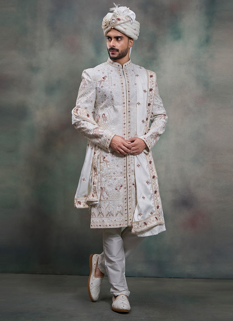 White Silk Embroidered Sequins Zari Thread Indowestern Sherwani Wedding Wear