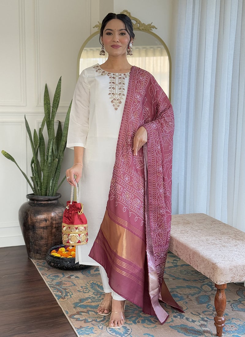 White Silk Embroidered Straight Pant Suit With Bandhini Print Dupatta