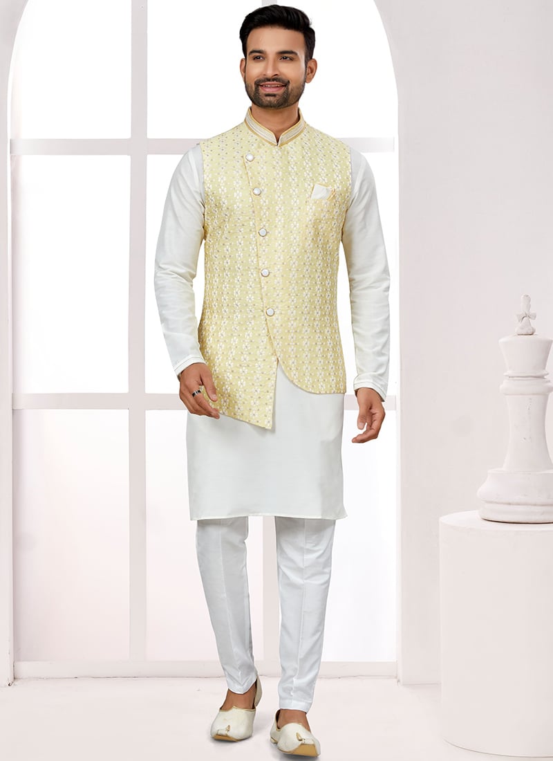 White Silk Embroidered Thread Sequins Bandi Set Festive Wear