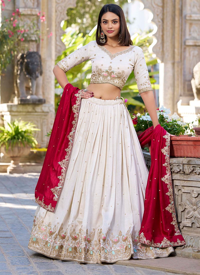White Silk Embroidered Umbrella Lehenga Choli After Six Wear