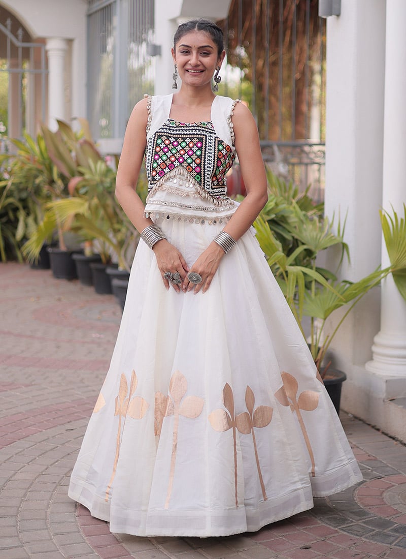 White Silk Gota Mirror Work Gamthi Work Navratri Garba Set Festive Wear