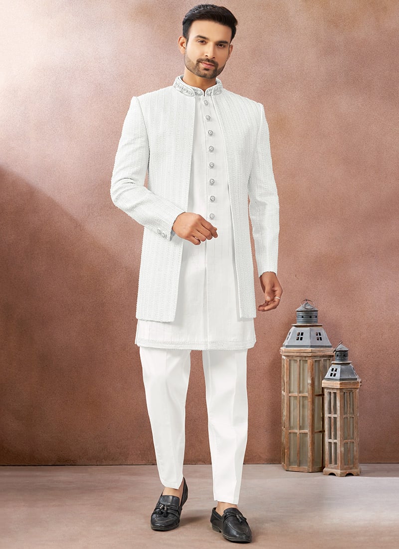 White Silk Hand Embroidered Open Indowestern Shrwani Wedding Wear