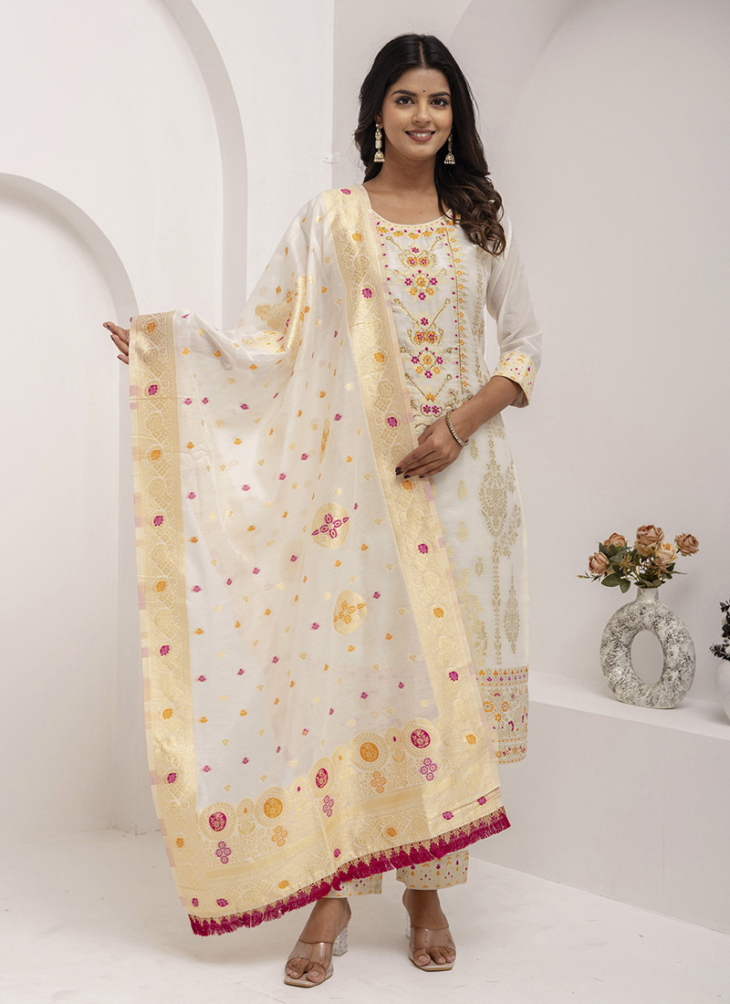 White Silk Jacquard Hand Embroidered Woven Straight Pant Suit Festive Wear