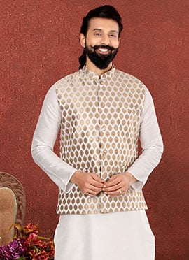 White Silk Jacquard Nehru jacket